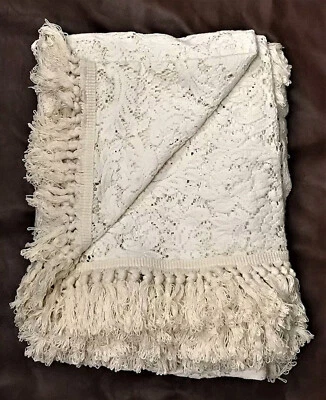 Twin Ivory Rose Garden Fringe Lace Bedspread 76" x 112" Cotton Blend Bedroom - Image 1 of 4