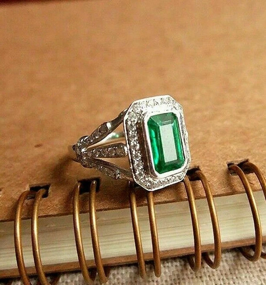 Engagement Ring 2.Ct Green Emerald Lab-Created 14K White Gold Shank Ring Size 6 - Image 1 of 4