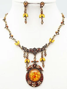 DESIGNER INSPIRED 18 in FAUX AMBER GOLD CRYSTAL FLORAL GOLDTONE JEWELRY SET NEW - Picture 1 of 5