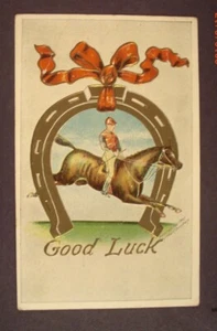 1909 geprägte Glückspostkarte - Pferd & Jockey unter Hufeisen - Bild 1 von 2