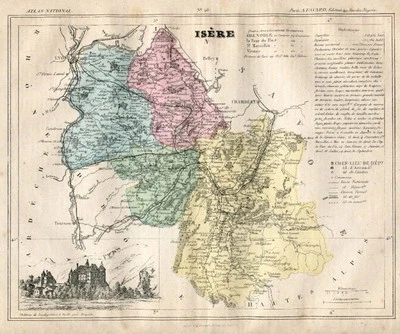 Original Original Antiguo 1877 Francia Coloreado a Mano Mapa ISERE Europa Fra... - Imagen 1 de 2