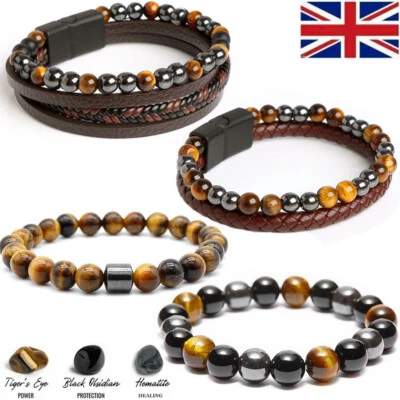 Tiger Eye Natural Stone Black Obsidian Hematite Beads Bracelets Men Women Gift