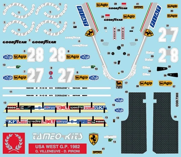 decal x  FERRARI 126 C2 GP USA WEST 1982 VILLENEUVE-PIRONI squal  Tameo TMKDE320 - Immagine 1 di 1