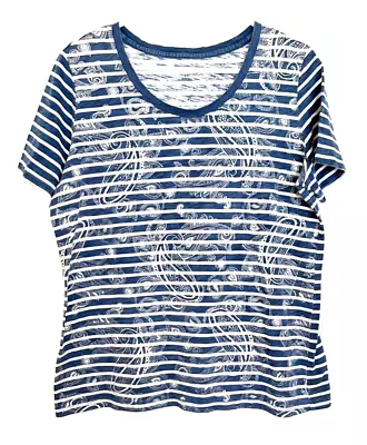 EUC Coral Bay Women Short Sleeve Top L Blue & White Stripe/Silver Floral Graphic - Image 1 of 4