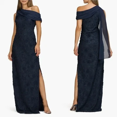 JS Collections Deep Navy Blue Elodie Floral One-Shoulder Gown Size 8 $298 - Image 1 of 3