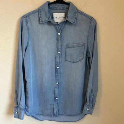 Camisa Lola River Mujer Blusa Abotonada Top Talla XS Tinte Índigo Cuello Azul Foto 1 de 4
