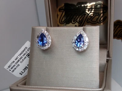 $3200⭐ GENUINE TANZANITE & NATURAL DIAMOND HALO STUDS Earrings⭐10K WHITE GOLD - Image 1 of 4