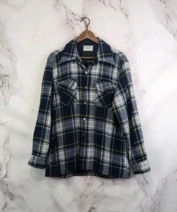 Vintage Hemd Herren groß Wolle Knopfleiste 70er Flanell schwarz blau JC Penney Tartan - Bild 1 von 13