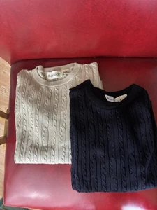 2x Barry Bricken 100% Silk Men’s Sweater XS Cable Knit Navy Blue & Beige EUC - Picture 1 of 9