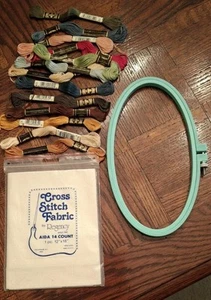 VTG. CROSS STITCH/EMBROIDERY LOT-DMC THREAD (13), 14 COUNT REGENCY FABRIC & HOOP - Picture 1 of 9
