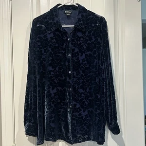 New York Company Velvet Silk Blouse Sheer Button Up Blue Floral Burnout Sz Lrg - Picture 1 of 9