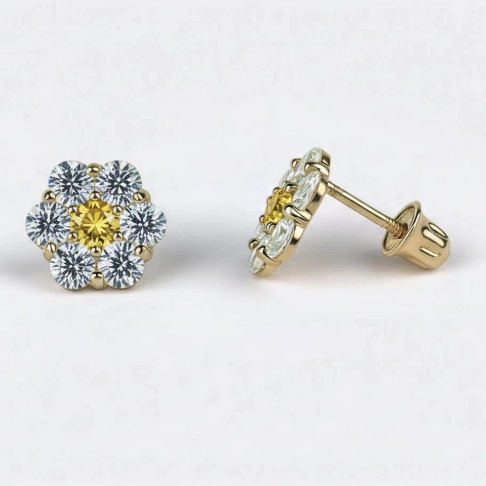 14K Yellow Gold Beautiful Flower CZ Stud Earrings for Women - Image 1 of 1