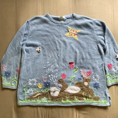 Vintage Quacker Factory Women’s 2X Light Blue Knit Sweater Bunny Rabbit Flowers - Image 1 of 4
