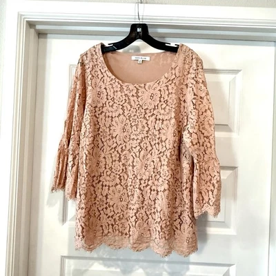 Blusa Top Rosa + Oliva Para Mujer Talla Grande 1X Encaje Rubor Rosa Mangas Campana Forrada Foto 1 de 4