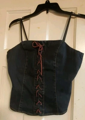 Guess Jeans Sleeveless Stretch Denim Tie Crop Top Bustier Size L Large Women's - Image 1 of 4