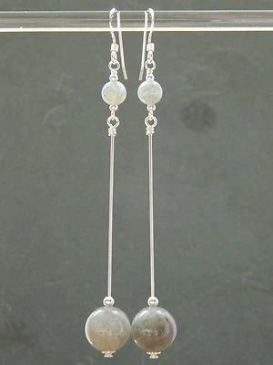 Grey Labradorite Gemstones & 925 Sterling Silver Long Elegant Handmade Earrings - Image 1 of 4