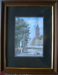 ::AQUARELL °ROTTWEIL ANSICHT VON HOCHBRÜCKE & KIRCHE SIGNIERT RAHMEN °ANTIK  - Bild 1 von 6