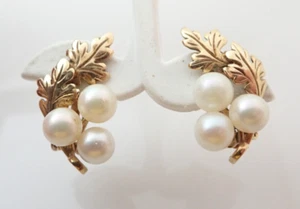 MING'S 14k Solid Yellow Gold Pearl Cluster Leaves Estate Clip On Earrings - Picture 1 of 11