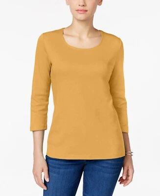 Karen Scott Petite 3/4 Sleeve 100% Cotton Scoop-Neck Top, Sz PP, Warm Gold - Image 1 of 4