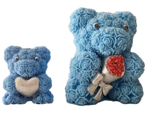 Valentine's Candle Set: Blue Bear & Cub, Silver Bouquet, Heart, 4" and 2" tall - Picture 1 of 6
