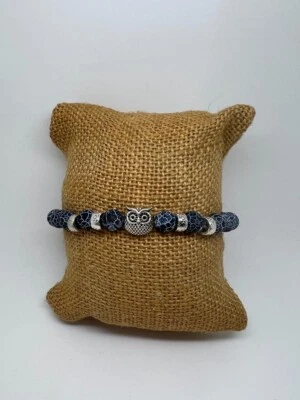 Natural Stone Beaded Owl Bracelet 8mm Elastic Rope Blue - Image 1 of 4