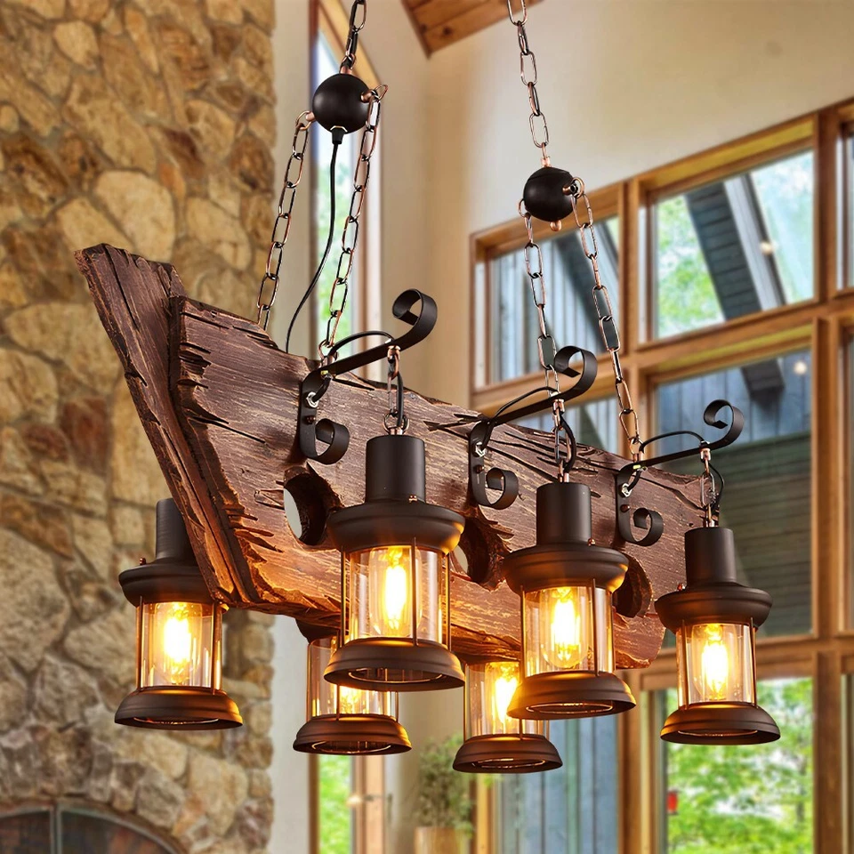 Lámpara de araña retro de madera en forma de barco, 6 soportes de lámpara E26 sin fuente de luz Foto 1 de 4
