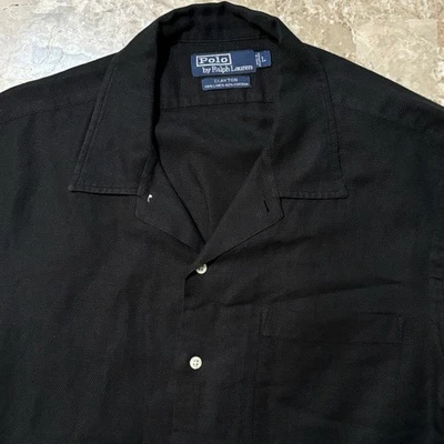 Polo Ralph Lauren Shirt Mens Large Black Solid Linen Camp Collar Vintage Clayton - Image 1 of 4