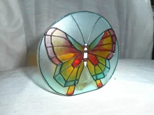 Butterfly Votive Candle Colorful Image Candle Holder Round Glass Faux Stained - Picture 1 of 12
