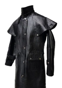 Men's Black Alligator Crocodile Leather Duster Steampunk Trench Matrix Coat - Picture 1 of 10
