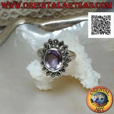 Anello in Argento 925‰ ametista naturale sfaccettata con petali ovali di marcass - Immagine 1 di 4