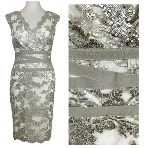 TADASHI SHOJI Sequin Tulle DRESS 14 Beige Silver Metallic PARTY Wedding Glam - Picture 1 of 21