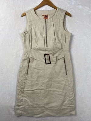 Tory Burch Dress Womens 8 Sheath Beige Linen Blend Lined Sleeveless Gold Belt - Изображение 1 из 4