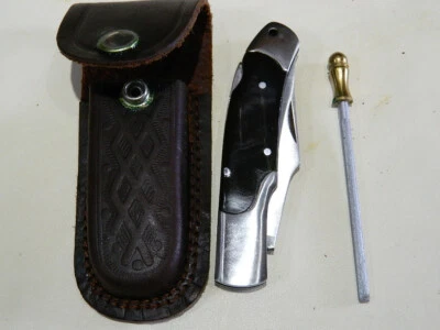 Buffalo Horn 折叠锁背刀 带鞘和磨刀 钢阅读说明 — 第 1/4 张图片