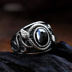 Black CZ Double Snake Signet Ring Stainless Steel Men's Vintage Biker Punk Ring - Picture 1 of 2