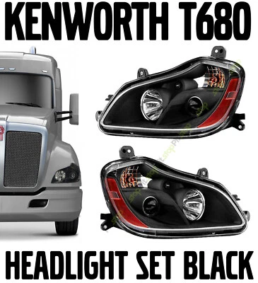 Kenworth T680 Black Projector Headlight Set Left Right Pair 2013-2020 - Image 1 of 4