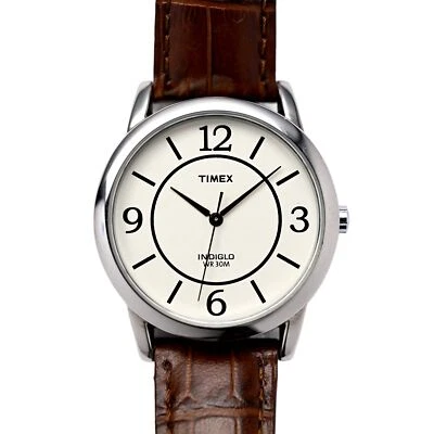 Reloj Timex Indiglo blanco esfera estampada esfera árabe 35 mm unisex cuero genuino Foto 1 de 4
