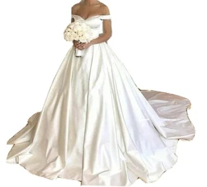 UK Satin White Ivory Off Shoulder A Line Sweetheart Wedding Dresses Size 6-20 - Picture 1 of 5