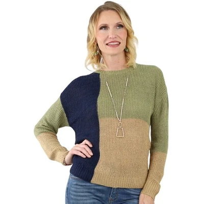 Suéter Perch by Blu Pepper Colorblock 1X Oliva Azul Marino Tostado Cuello Redondo Tejido Pullover Foto 1 de 4