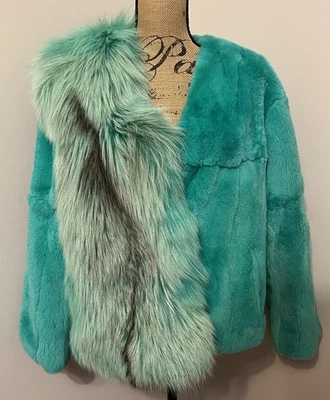 Womens  Rabbit Fur Green Coat with Real Fox Fur Lapel Collar Luxury  Size M - Image 1 of 4