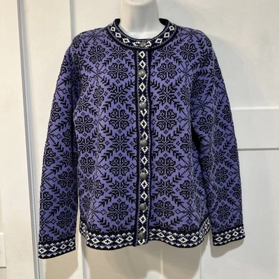 LL Bean Fair Isle Cárdigan Nórdico Suéter Mujer Medio Púrpura Copo de Nieve Foto 1 de 4