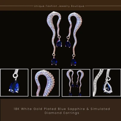 18K White Gold Plated Blue Sapphire & Simulated Diamond Earrings Christmas Gift - Image 1 of 4