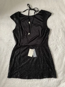 Kaia Exclusive Cap Sleeve Open Tie Back Lace Sequin Mini Dress-Black-Size UK 16 - Picture 1 of 11