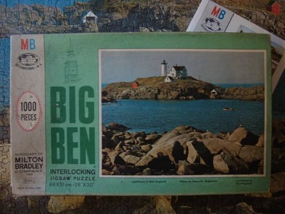 JIGSAW PUZZLE (1000 PIECES) LIGHTHOUSE IN NEW ENGLAND (MB BIG BEN SERIES 1968) Vintage Ancient - Image 1 of 2