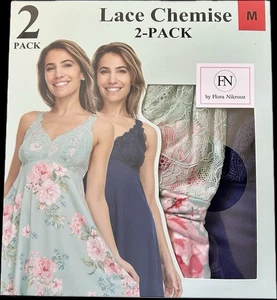 Flora Nikrooz Lace Chemise, 2-Pack, Medium, Floral & Navy 33” Stretch Microfiber - Picture 1 of 4
