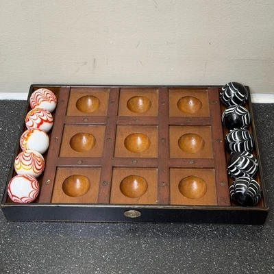 Vintage Tic Tac Toe Set w/ Venetian Glass Balls – 10pcs – Wood Board 13x9 - Image 1 of 3