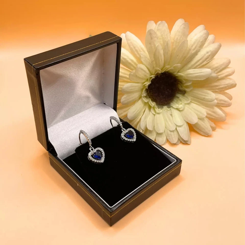 White gold finish blue sapphire heart and created diamond Droplet earrings — 第 1/4 张图片