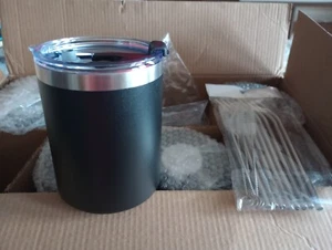 (11) 12 Oz Black Insulated Tumbler, Stainless Steel Coffee Mug with Lid & Straw - Picture 1 of 4