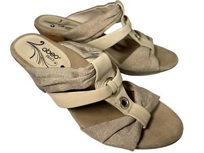 ABEO BIO Hope Sandal SIZE 9 Neutral Canvas Tan Strappy Heel Comfort Slip On Shoe - Image 1 of 4