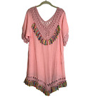 Womens Fringed Boho Tunic Mini Dress Size Large Pink Short Sleeve Crochet Accent