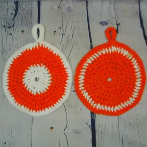 Vintage Two Round 1970s Pot Holders crocheted kitsch kitchen orange white 6.75" - Picture 1 of 7